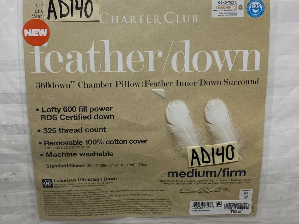 Charter Club 360 Chamber Feather Down Standard Pillow Medium / Firm Density New - Image 3 of 4