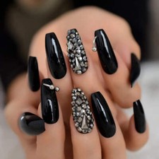 Black Silver Press On Nails 3D Crystal Design Extra Long Ballerina Fake Nails