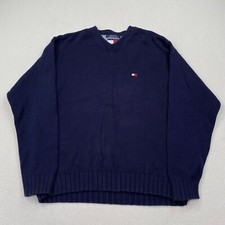 Vintage Tommy Hilfiger Men's Heavy Knit V-Neck Pullover Sweater Size L Navy Blue