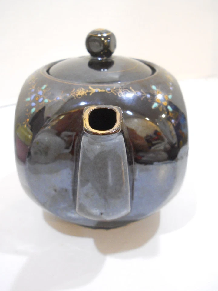 Tetera Vintage Porcelana Hecha en Japón con Tapa Negro Marrón Flores Floral Dorado Foto 3 de 4