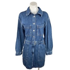Mango MNG Blue Long Sleeve Knee Length Jean Chambray Denim Shirt Dress Size 10