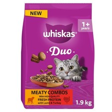 4 x 1.9kg Whiskas 1+ Complete Adult Dry Cat Food Duo Meaty Combos 3.98 per kilo