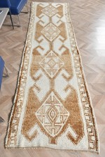 Turkish Vintage Rug, 3,2x12,1 ft Herki Rug, Brown Check Wool Rug