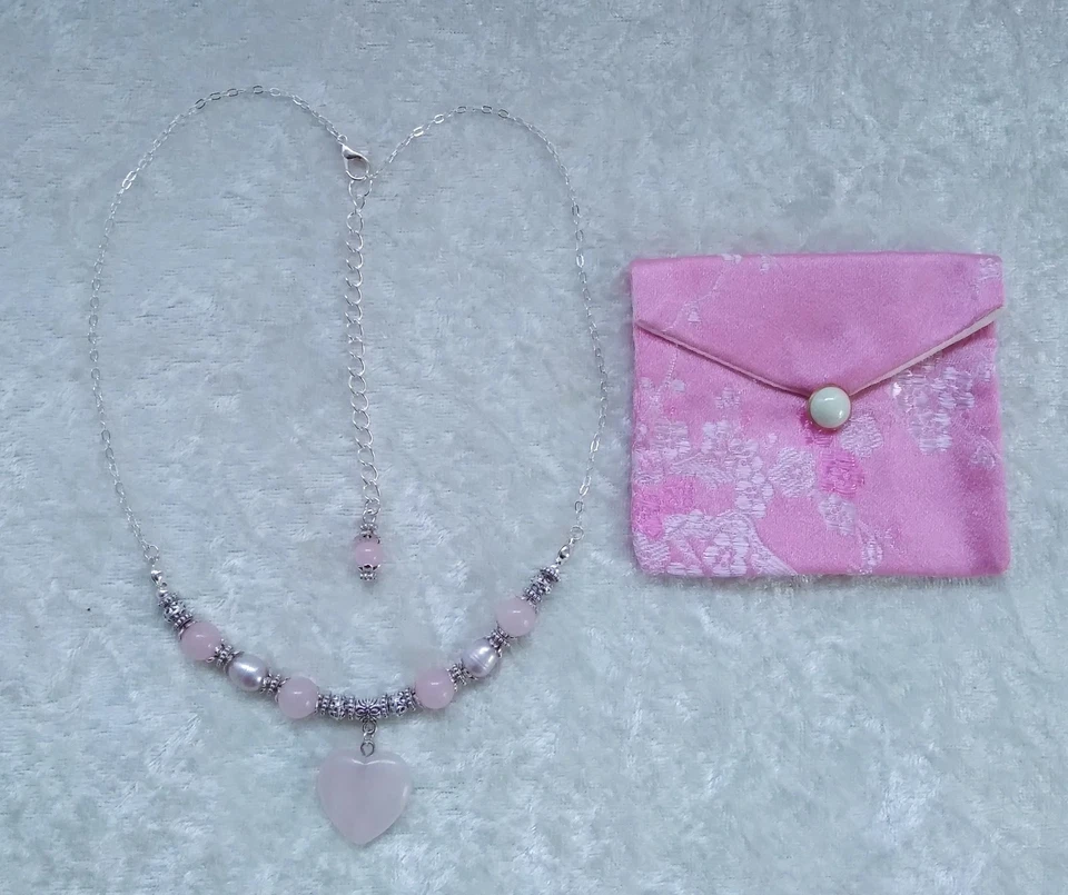 Rose Quartz 20mm Heart, Lilac Pearl, Rose Quartz Bead Necklace.Handmade In Purse Foto 2 de 4