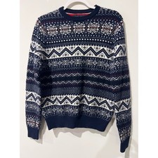 Tommy Hilfiger Mens Lambswool Fair Isle Sweater Navy Blue Snowflake Small Preppy