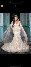 QR Fashion Mermaid Off Shoulder Lace Embroidered Wedding Dress White L Train