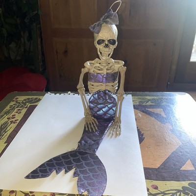 16'' MERMAID SKELETON Halloween hanging jointed figure iridescent fabric spooky