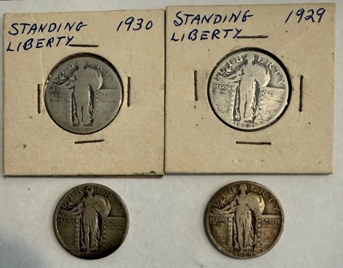 Lot of 4 Standing Liberty Silver Quarters 90% Silver-1928(1),1929(2),1930(1)