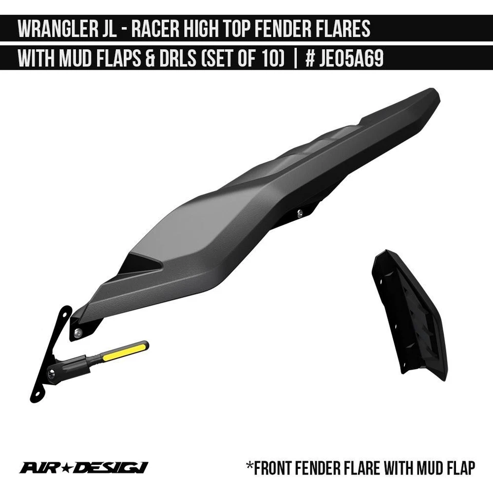 For Jeep Wrangler 18-24 High Top Fender Flare, Mud Flaps and DRL Set Racer Foto 2 de 4