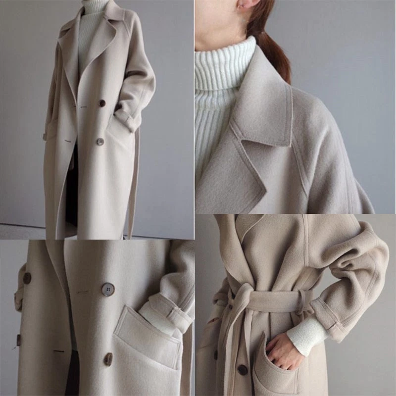 Chaqueta mezcla de lana cinturón solapa cachemir mujer gabardina ropa exterior talla grande Foto 2 de 4