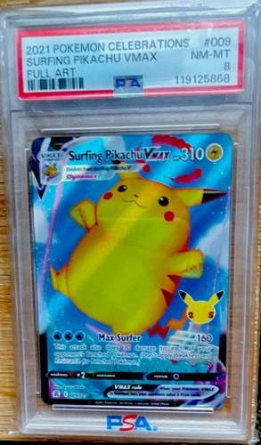 Pokémon Surfing Pikachu VMAX Celebrations Full Art Holo Ultra Rare 009/025 PSA 8