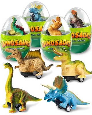4 Pack Dinosaur Pull Back Cars Prefilled Plastic Easter Eggs with Toys Inside...
