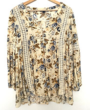 AMERICAN EAGLE Beige/Blue Floral Lace Accent Balloon Sleeve Blouse- Women's XS