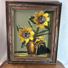 Vintage MCM Original Oil Painting, Still Life Impasto  Sunflowers by Franks 12”