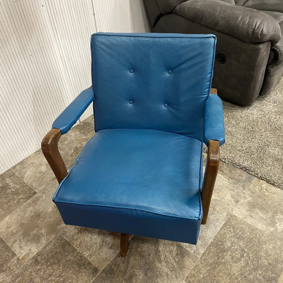 Silla Paoli vintage giratoria base de resorte vinilo azul mediados de siglo MCM acento danés Foto 4 de 4