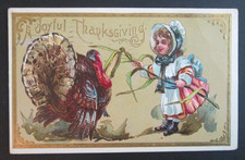 Thanksgiving Greetings Girl & Turkey Corn Stalk Posted EMB DB Postcard