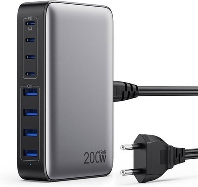 USB C Ladegerät 200W Mehrfach GaN III 8-Port PPS PD 65W Adapter Schwarz