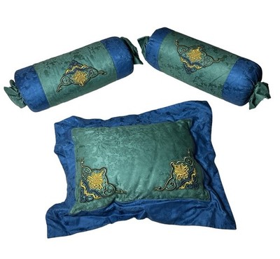 Jesurum 3pc Set Brocade Jacquard Bolsters & Throw Pillow Green Blue Embroidered