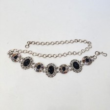 Vintage Boho Chain Belt Silver Tone Black Stone Concho Style Mosaic Adjustable