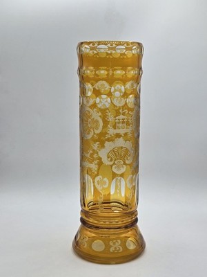 Antique Bohemian Amber Flashed To Clear Footed Tall Vase Etched Animals & Floral