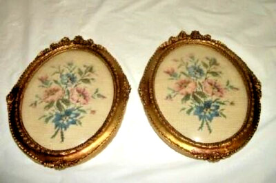 Antique Gilt Bow Frame Roses Needlepoint Floral Pair Convex Glass Oval Large