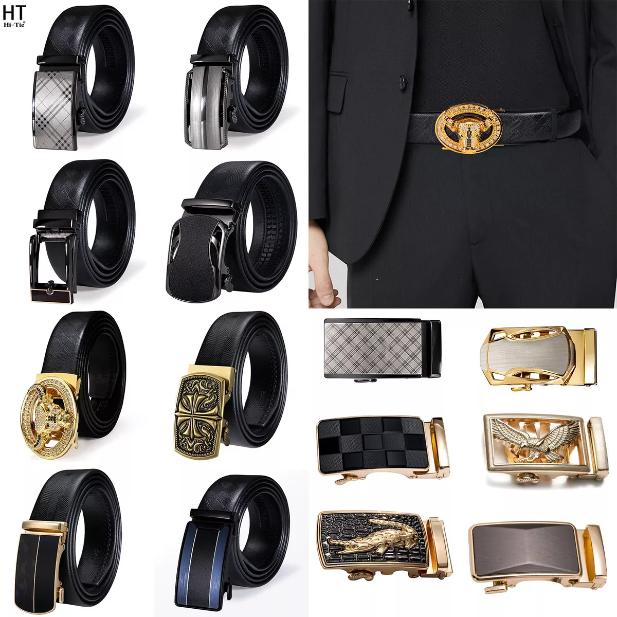 Hi-Tie Mens Leather Belt All Colors With Gold Black Buckles Ratchet  Automatic Se