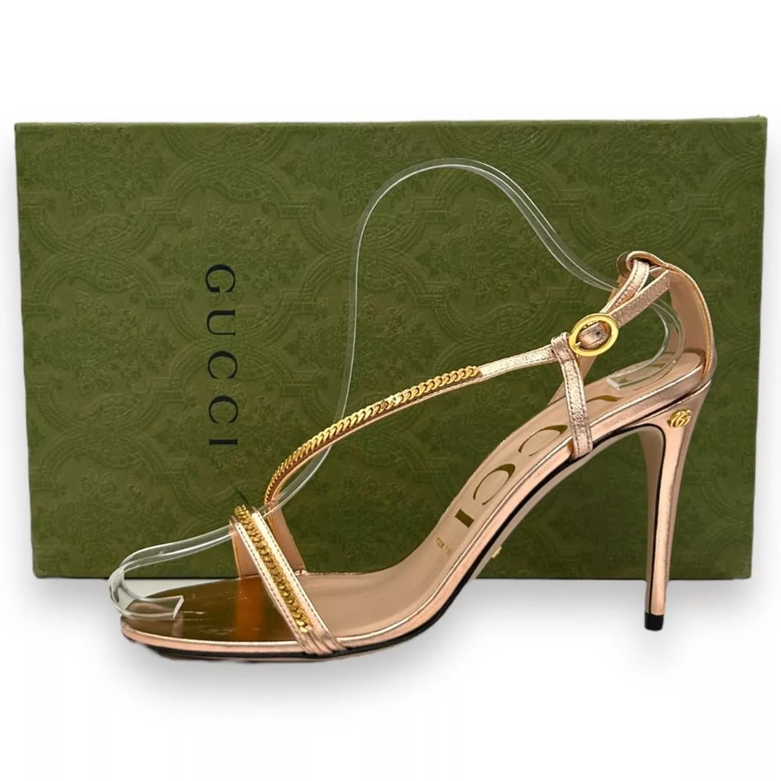 Sandales de soirée neuves Gucci Sylvie 95 mm maillon chaîne chaussures femme 37,5 or rose