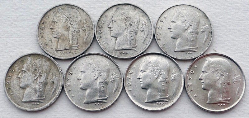 Lot of 7 Belgium 1 Franc Coins - 1951 - 1979, Various Conditions