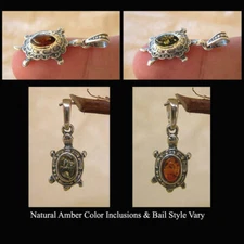 HONEY or GREEN AMBER & STERLING SILVER SMALL or MEDIUM SIZE TURTLE PENDANT CHARM