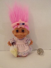 Russ Troll Doll 5" Vintage Paisley Dress Pink Apron Umbrella Pink Hair Brown Eye