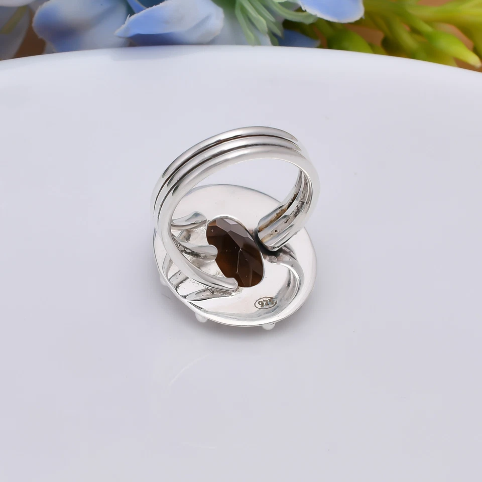 Elegante anillo de plata de ley 925 maciza con piedras preciosas de cuarzo ahumado, joyería fina V4923 Foto 4 de 4
