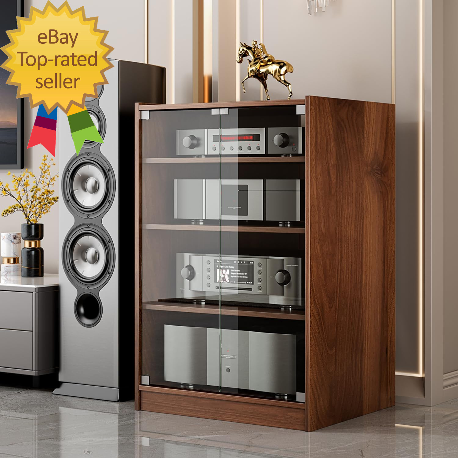 4-Tier Media Stand, Modern AV Cabinet with Glass Doors, Height Adjustable, Stora