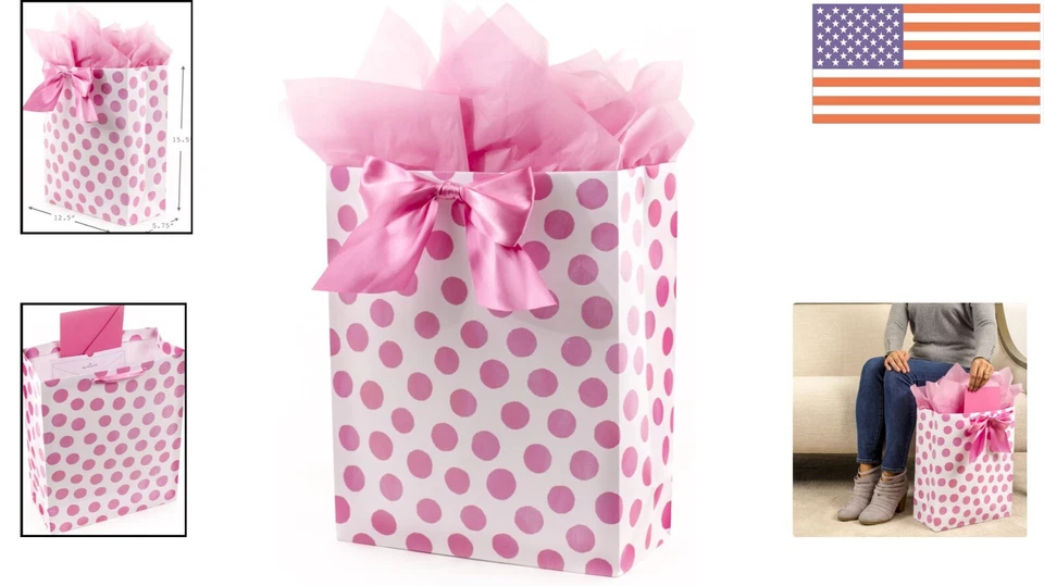 Impresionante bolsa de regalo de lunares rosa de 15,5" con pañuelo para duchas nupciales y vacaciones Foto 2 de 4