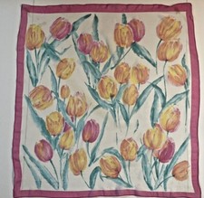 Vintage Betmar Scarf Made In Italy Sheer Tulips Pink Border Polyester 28" X 30"