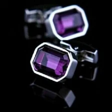 14 K White Gold Plated  Emerald Cut Lab Created Amethyst Men's Cufflinks 2 Ct