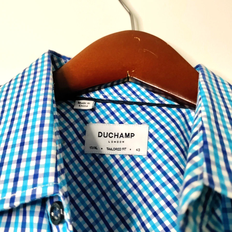 DUCHAMP London Gingham Check Men 17/XL Blue/Purple Long Sleeve Button Y2K Shirt - Image 2 of 4