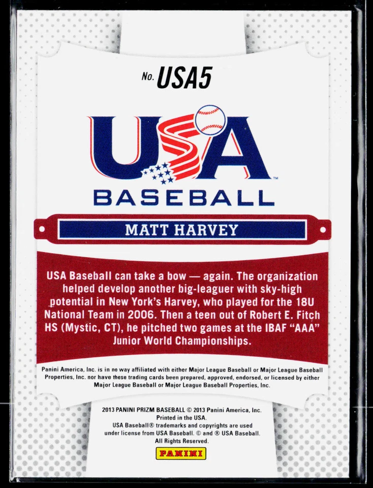 2013 Panini Prizm USA Baseball Matt Harvey USA5 - Image 2 of 2