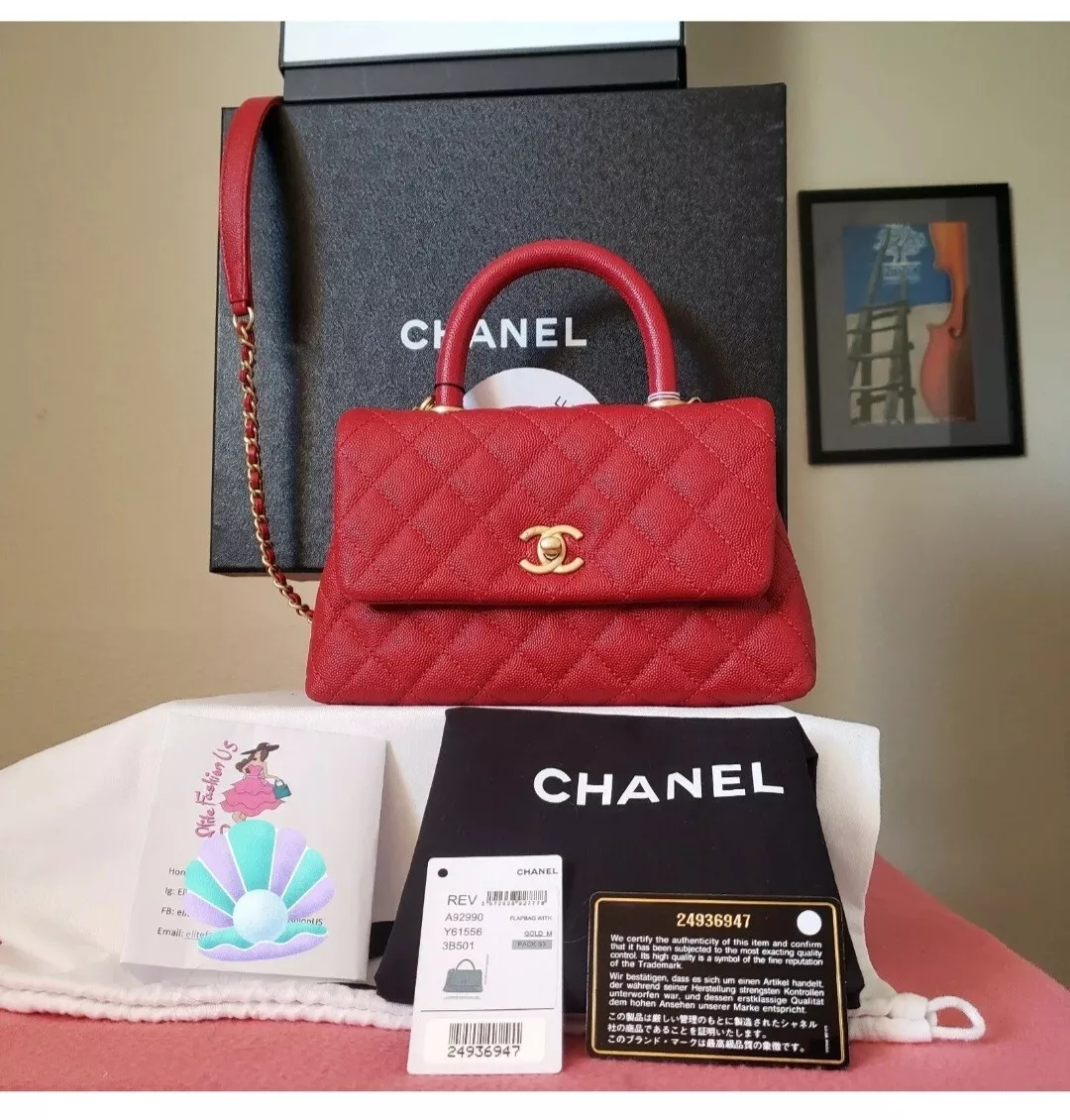 CHANEL Red caviar gold hard ware Mini Coco Handle Bag