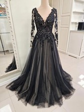 Gothic Black Long Sleeves Wedding Dresses Backless Sweep Train Bridal Gowns