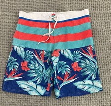 Burnside Mens Swim Shorts Hawaiian Floral Striped Blue Print Size 36