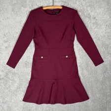 Ann Taylor Petite 4P Burgundy Long Sleeve Fit  Flare Flounce Dress Gold Buttons