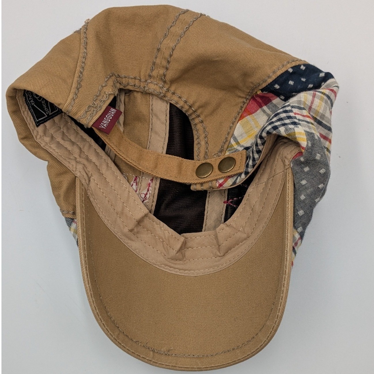 Patchwork Flat Cap Newsboy Hat Tan Plaid Embroide… - image 5