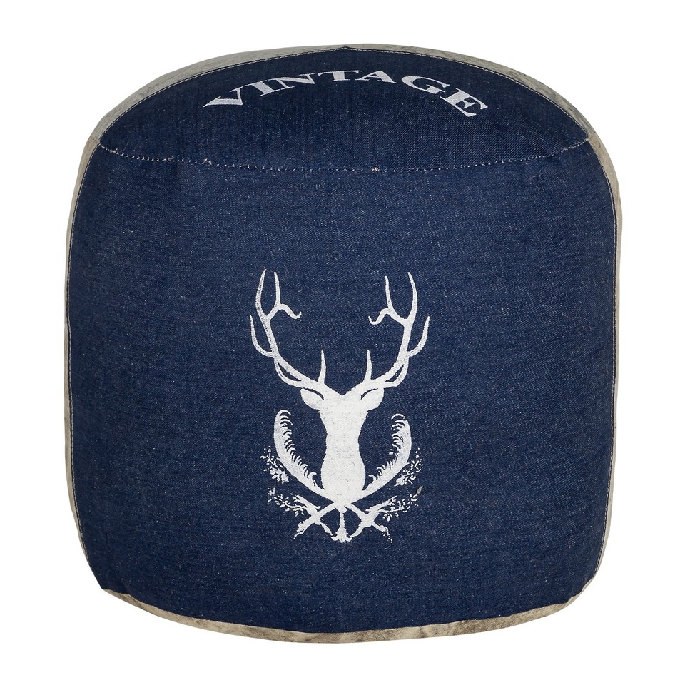 Tabouret pouf de siège bleu toile/jeans repose pieds coton Ø35x43cm WOMO-DESIGN®