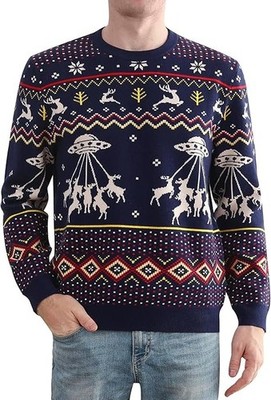 UFO Reindeer Abduction Ugly Christmas Sweater Fair Isle Knit Funny Alien Holiday