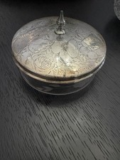 Vintage Floral Etched Silver Lid Glass Powder Jar