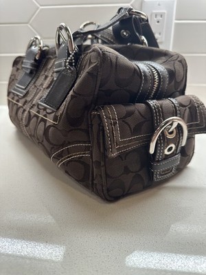 バッグ Coach Soho Signature Mini Boston Brown Coach Canvas Leather Soho Signature Mini brown Boston Satchel Bag