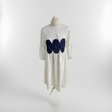 Ladies Dress Size XL 3/4 Sleeve Off White Navy Blue Embroidery Boho Style
