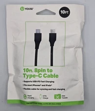 U Youse 10ft Black 8-Pin to Type-C Cable