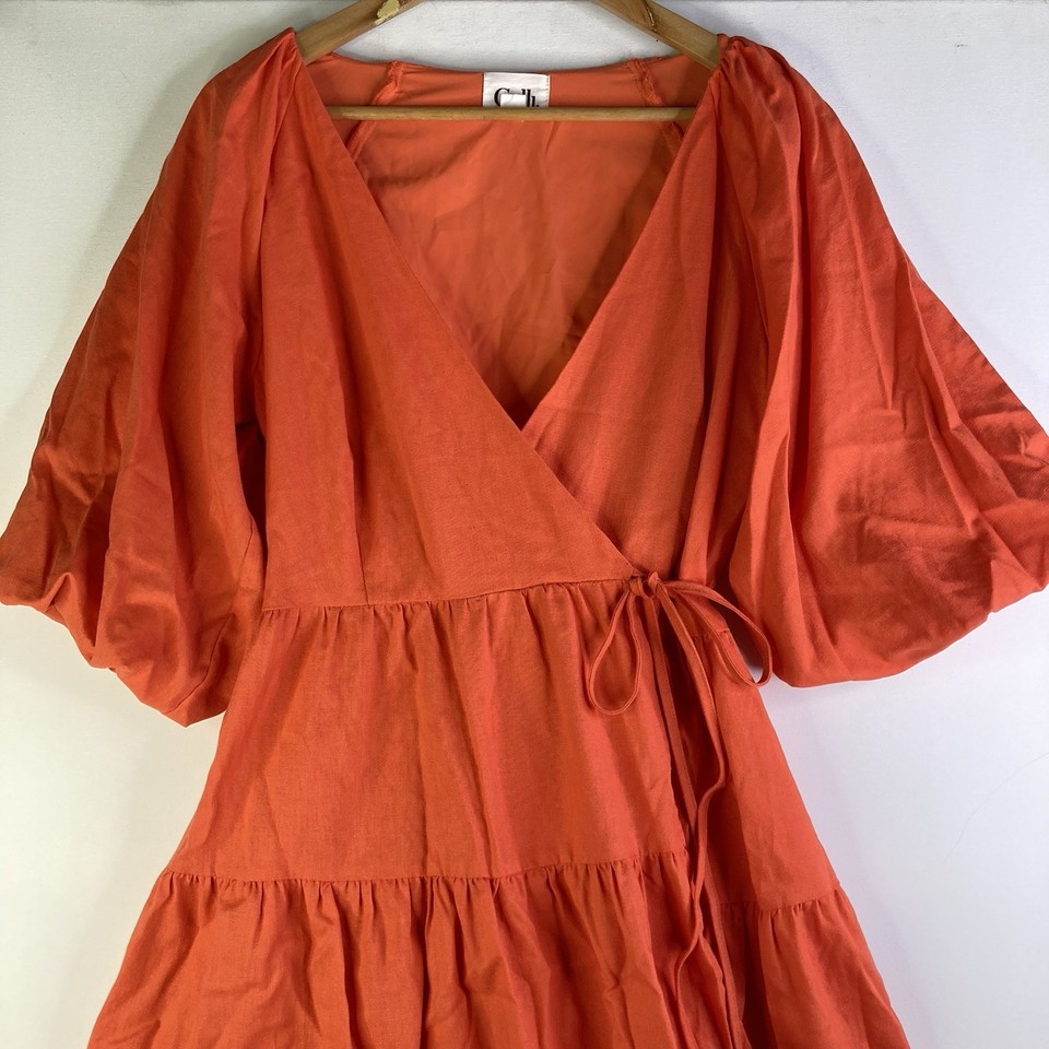 Calli Women’s Tiered Linen Cotton Wrap Dress Size 12 Puff Sleeves