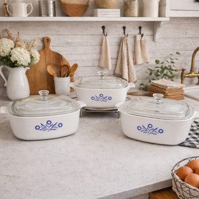 Vintage CorningWare Blue Cornflower Casserole 1.75Qt,  1.5Qt, 2Qt W Lid Trivet 